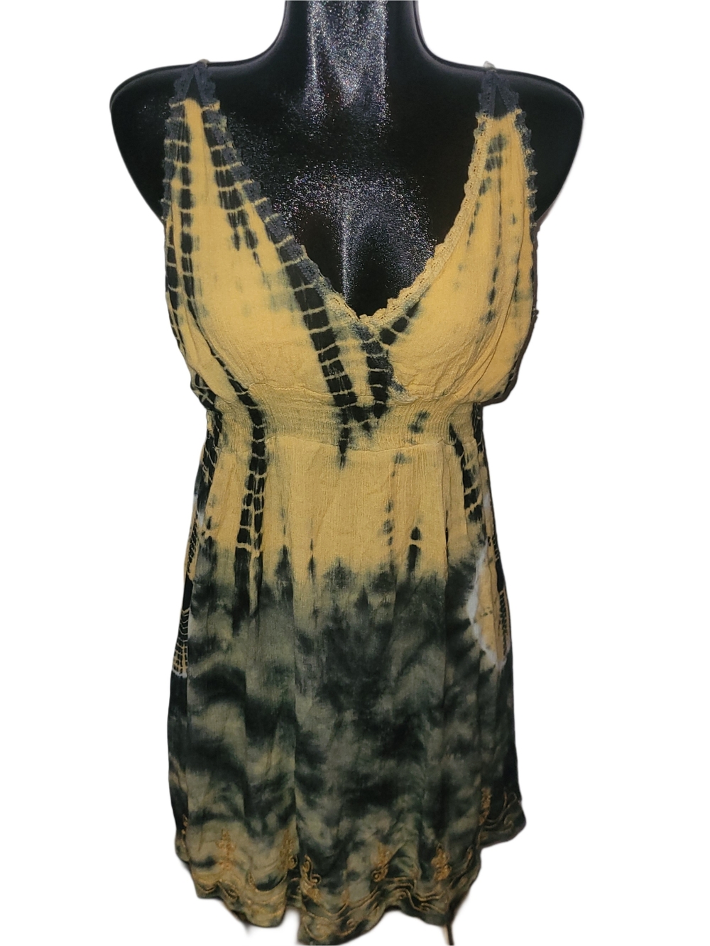 Raya Sun Vintage Y2K Yellow and Black Tie-Dye V-Neck Sundress Size XL